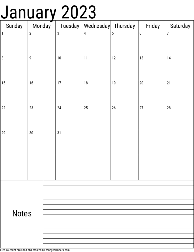 January 2023 Vertical Calendar With Notes Handy Calendars