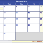 January 2024 New Zealand Calendar With Holidays For Printing image Format