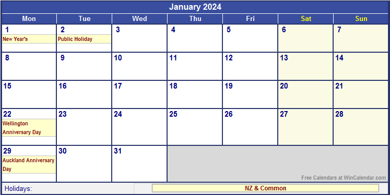 January 2024 New Zealand Calendar With Holidays For Printing image Format 