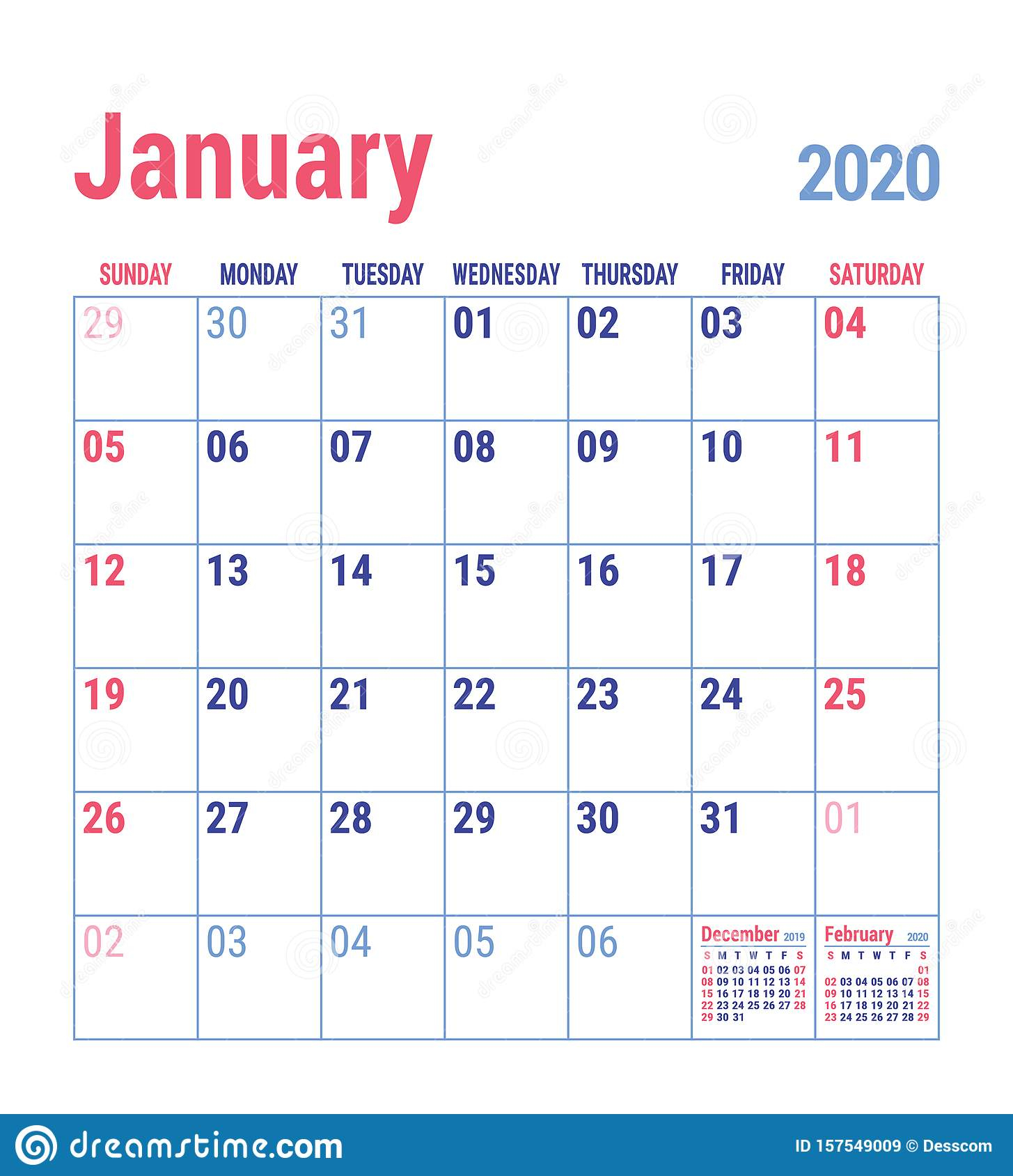 January Calendar 2020 English Calender Template Vector Grid Office
