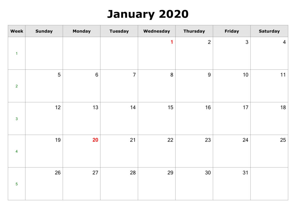 January Calendar 2020 Excel