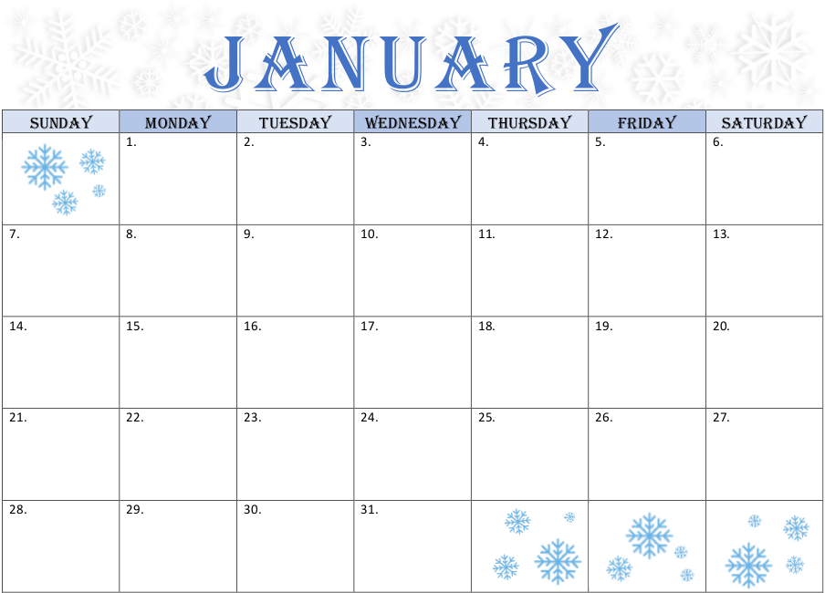 January Calendar Snowflake Theme Printable Calendars