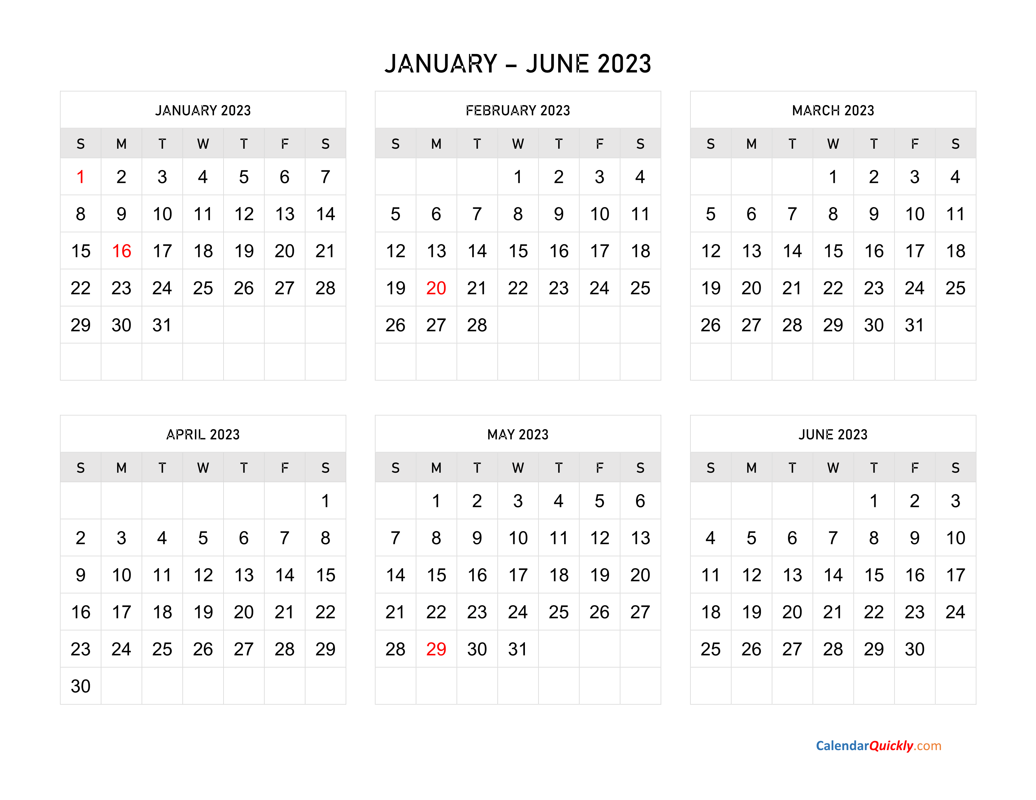 January To June 2023 Calendar Horizontal Calendar Quickly