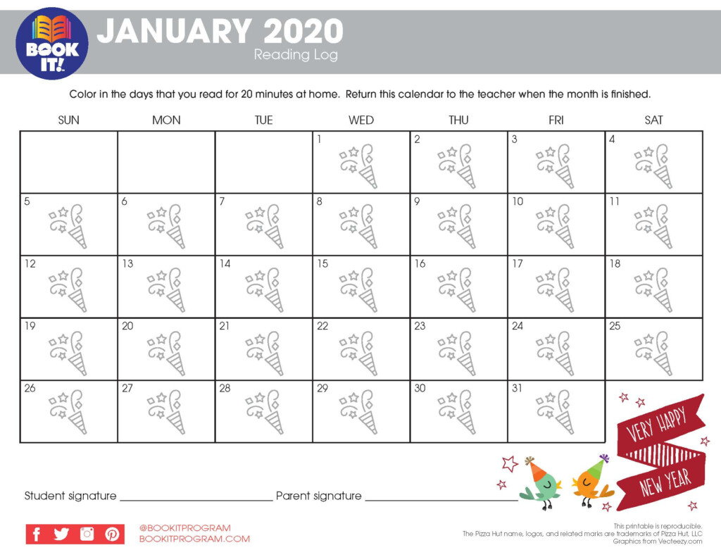 January Tracking Calendar Holiday The Pizza Hut BOOK IT Program