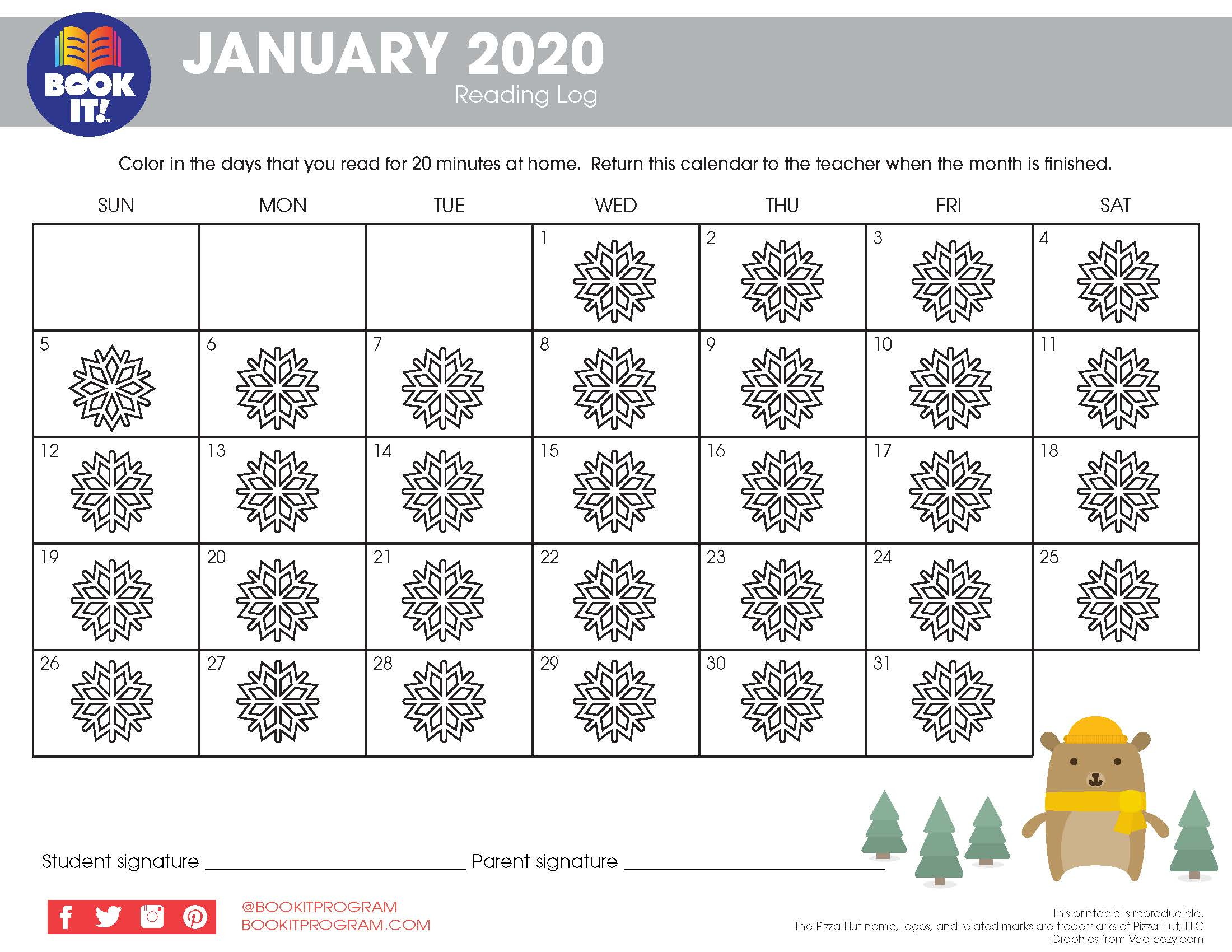 January Tracking Calendar Seasonal The Pizza Hut BOOK IT Program