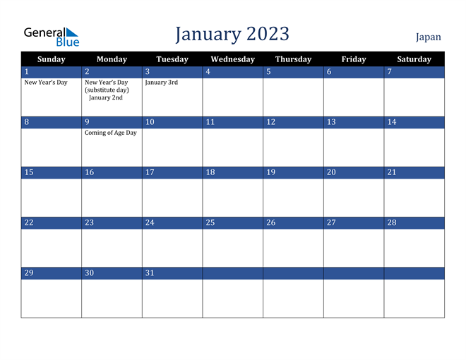 Japan January 2023 Calendar With Holidays