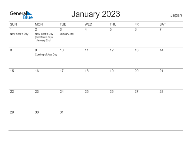 Japan January 2023 Calendar With Holidays