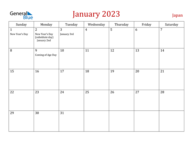 Japan January 2023 Calendar With Holidays