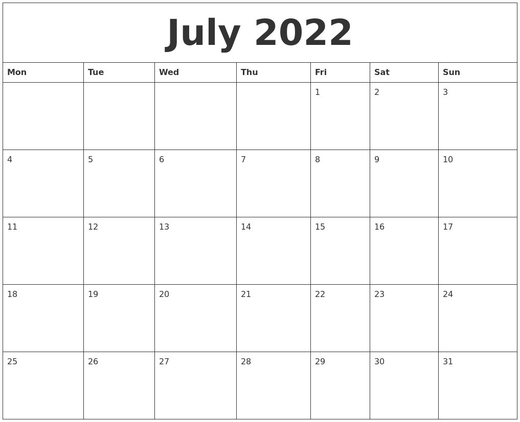 July 2022 Calendar Monthly