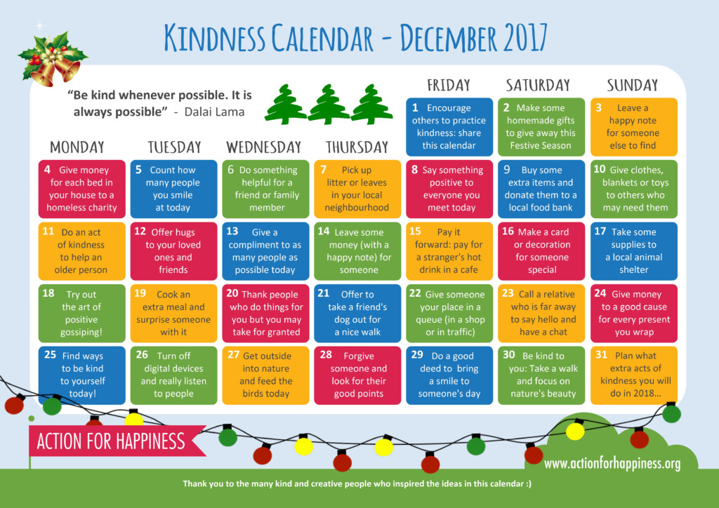 Kindness Calendar For A State Of Happiness