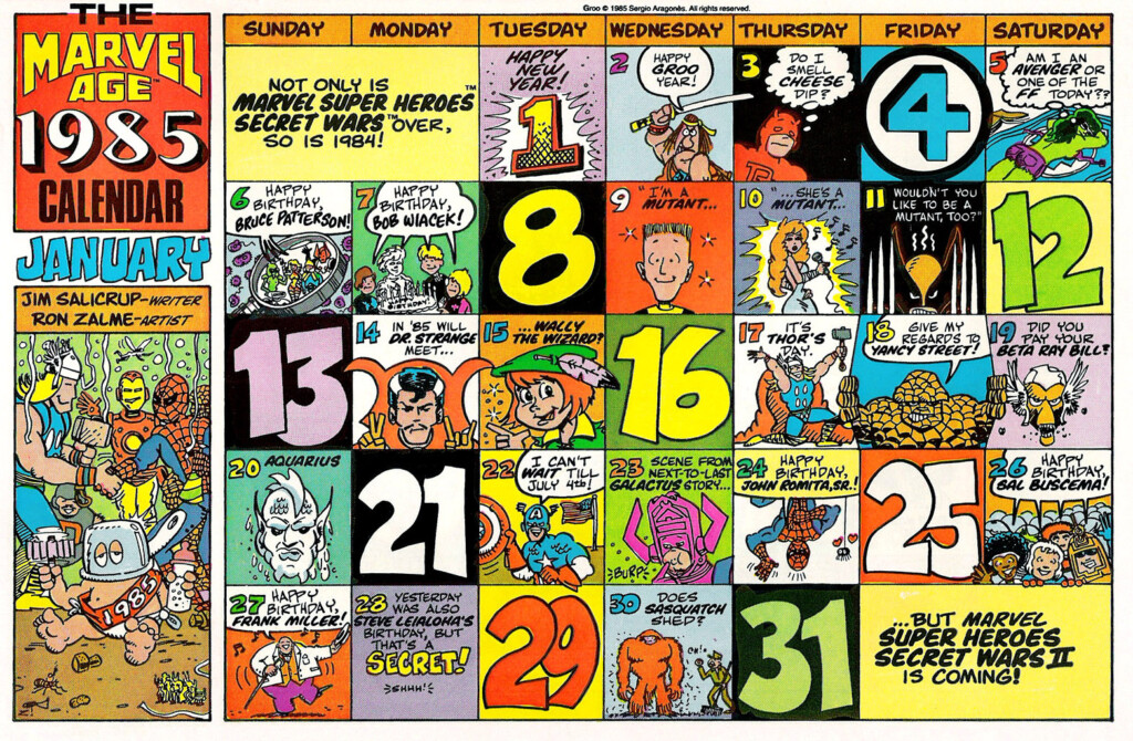 Marvel Comics Of The 1980s 1985 January Calendar