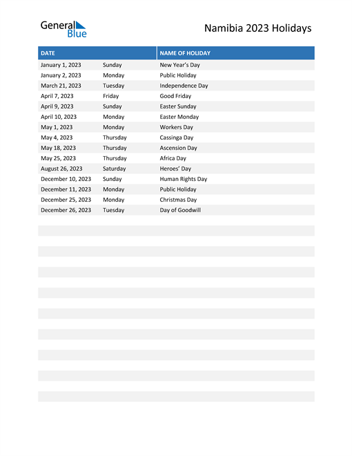 Namibia Holidays 2023 In PDF Word And Excel