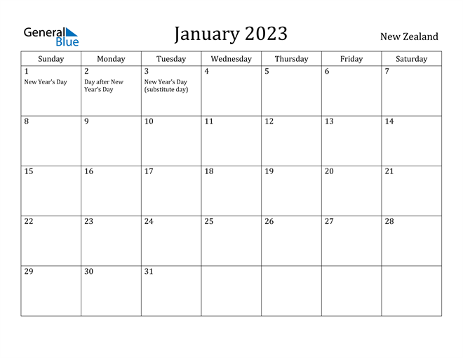 New Zealand January 2023 Calendar With Holidays