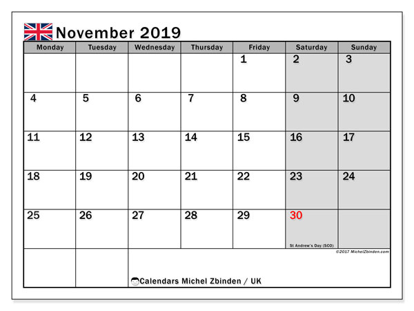 November 2019 Calendar UK Michel Zbinden EN