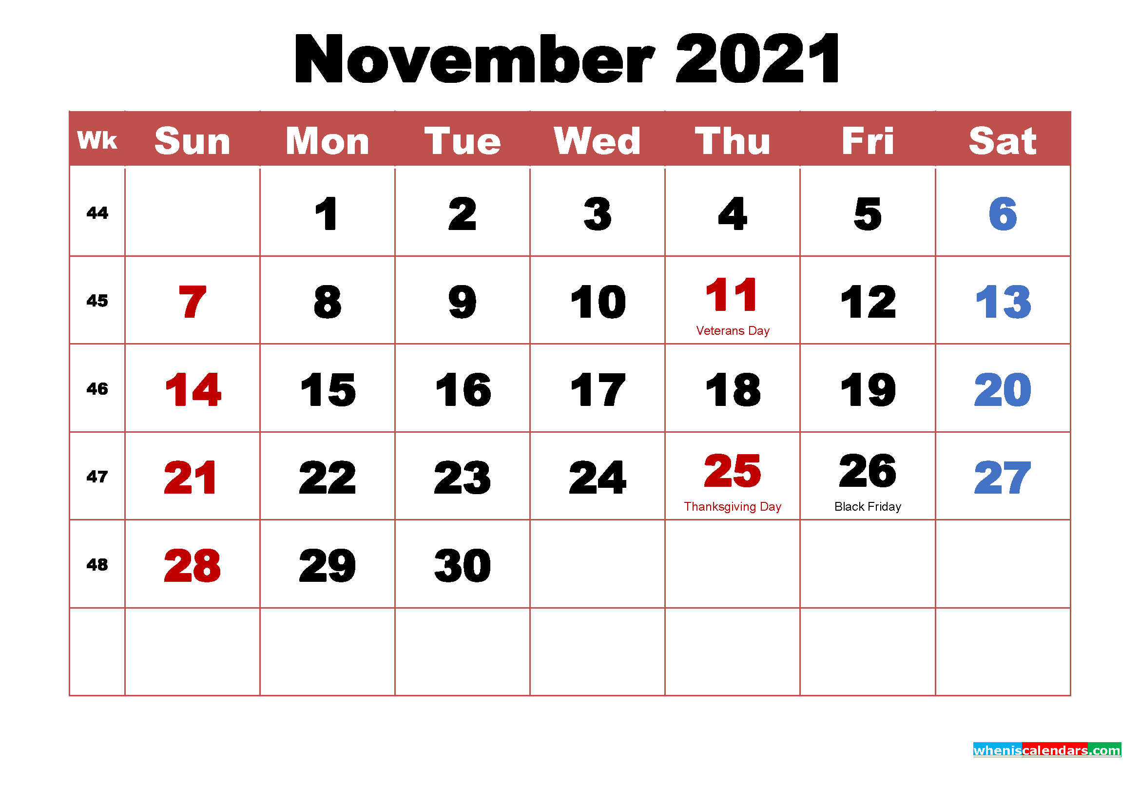 November 2021 Calendar With Holidays 2021 Printable Calendars