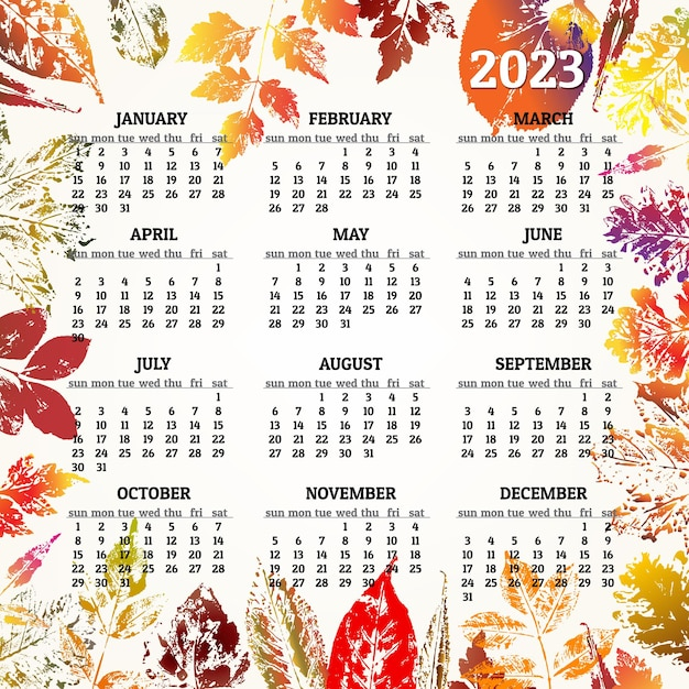 Premium Vector Calendar For 2023 Year With Colorful Autumn Leaves Vector