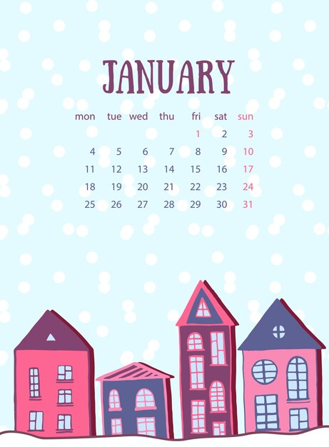 Premium Vector January Calendar Template Winter Street With Cute 