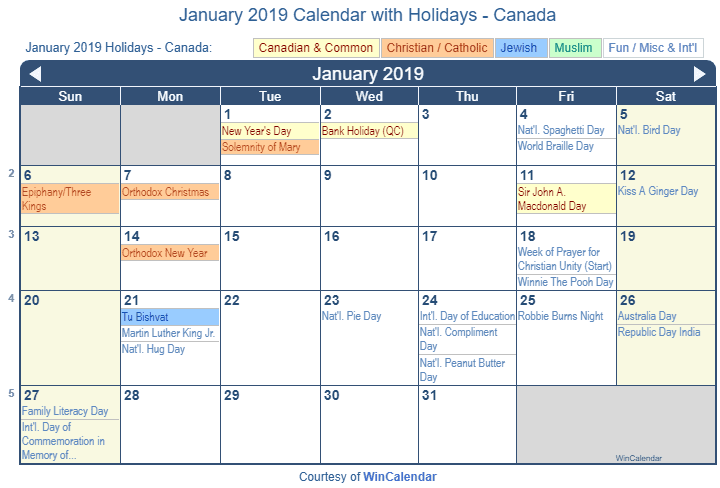 Print Friendly January 2019 Canada Calendar For Printing