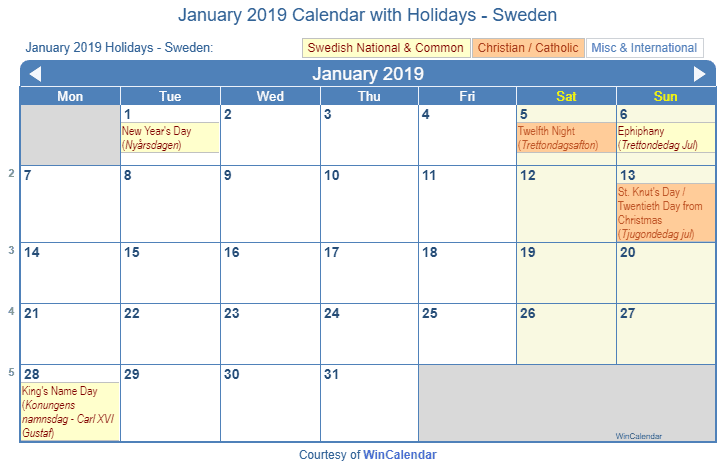 Print Friendly January 2019 Sweden Calendar For Printing