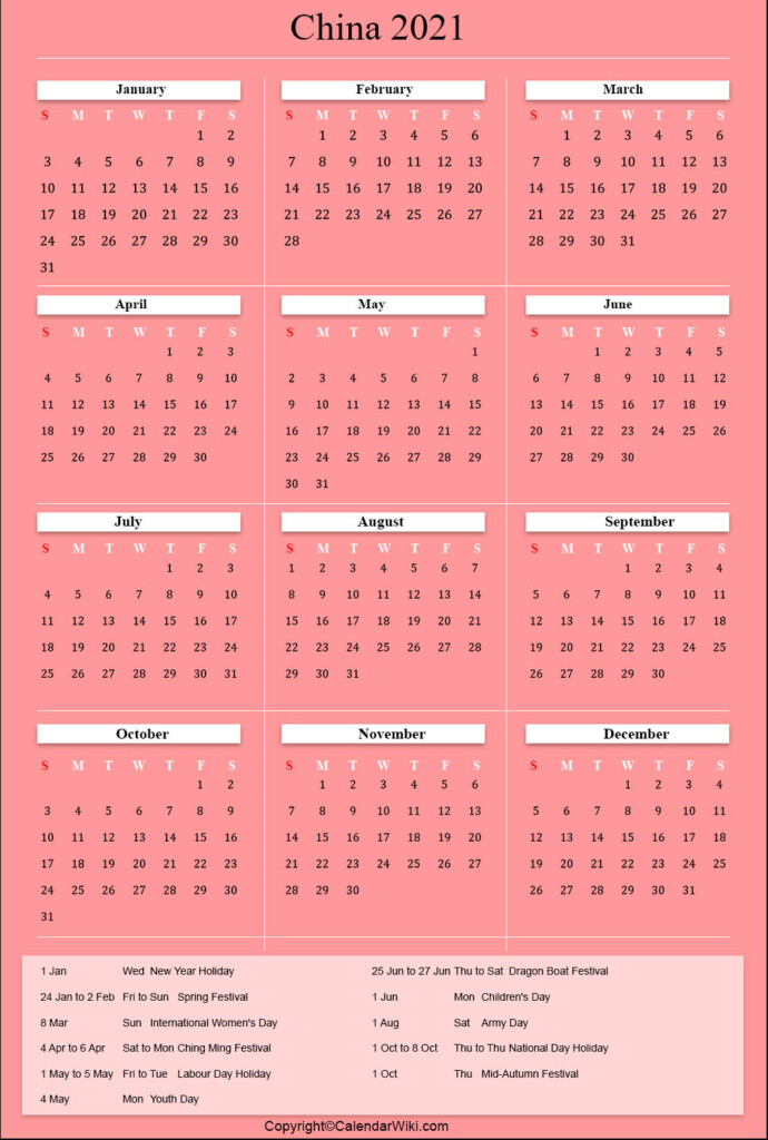 Printable China Calendar 2021 With Holidays Public Holidays 