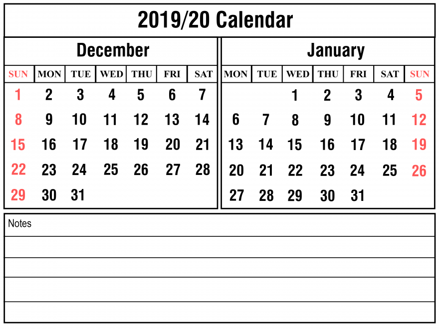 Printable December January Calendar 2019 20 Printable Template Calendar