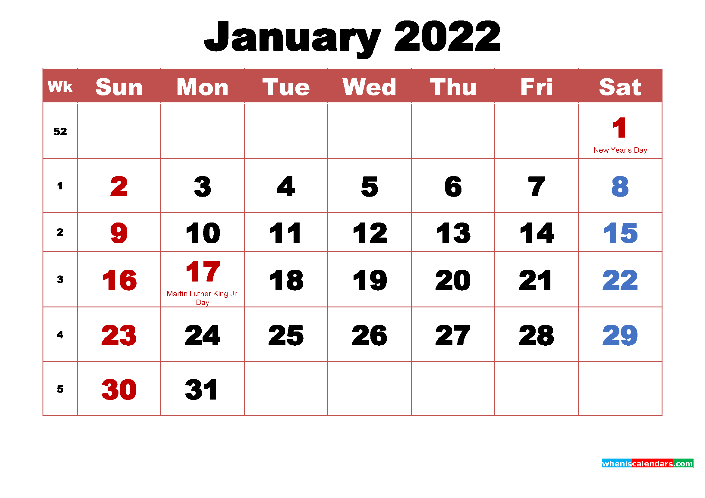 Printable January 2022 Calendar With Holidays Word PDF