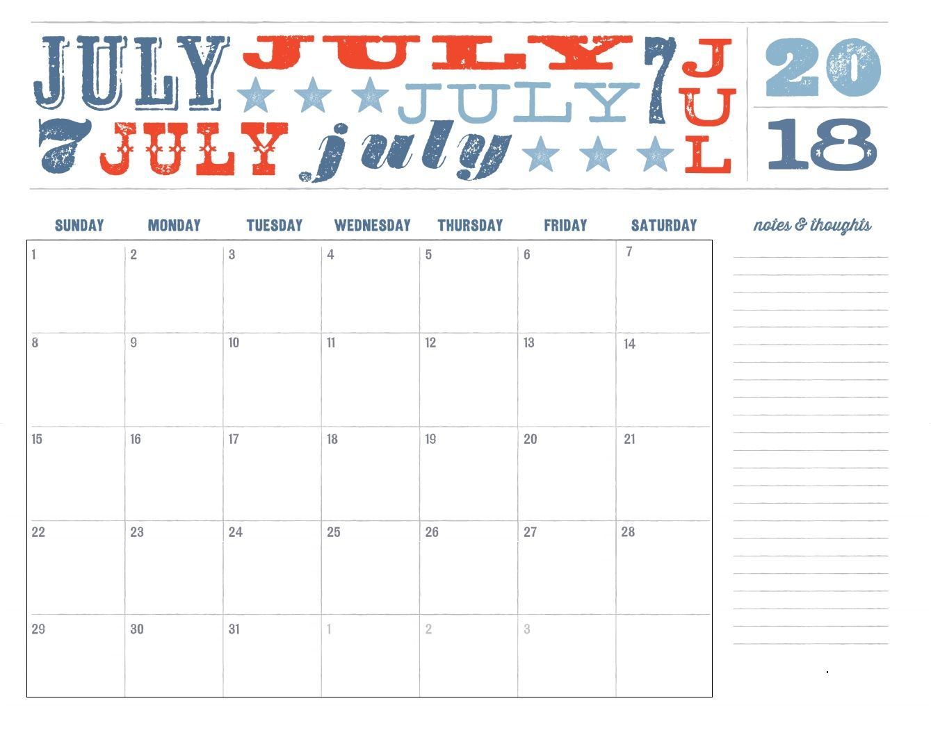 Printable July 2018 Independence Day Calendar Calendar Design