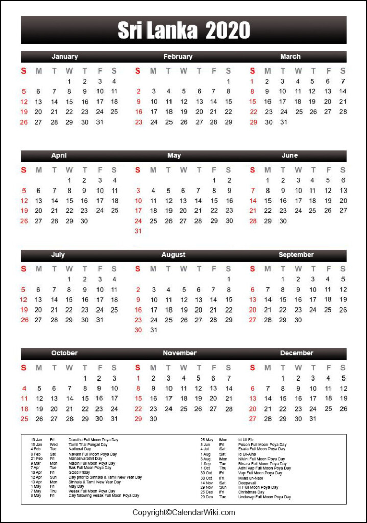 Printable Srilanka Calendar 2020 With Holidays Public Holidays 