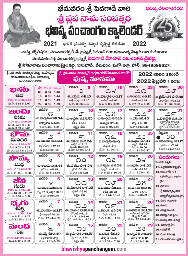 Pushya Masam Telugu Calendar 2022 January To February 2022 Bhavishya