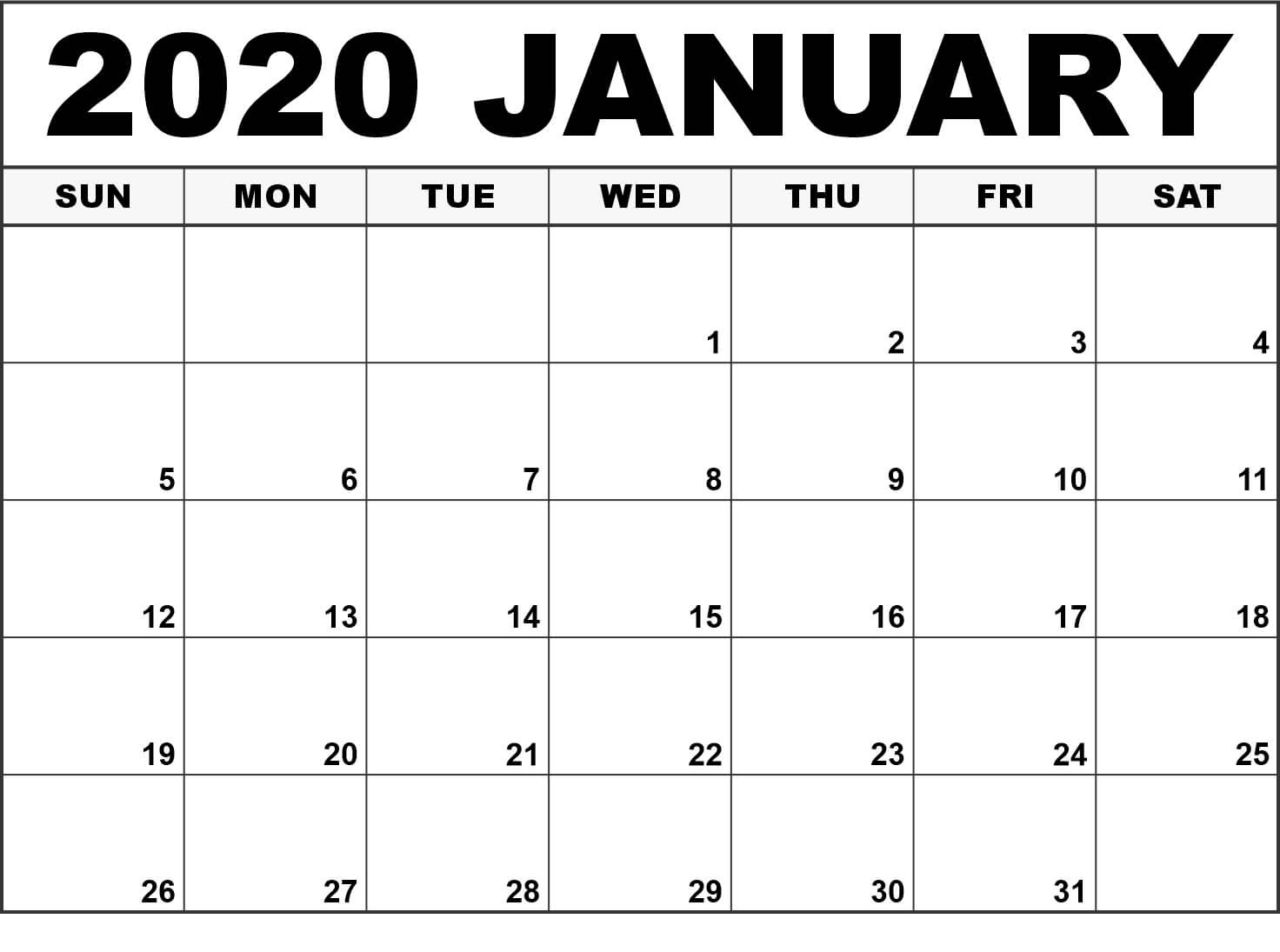 Top Blank January 2020 Holiday Print Free Calendar Calendar School